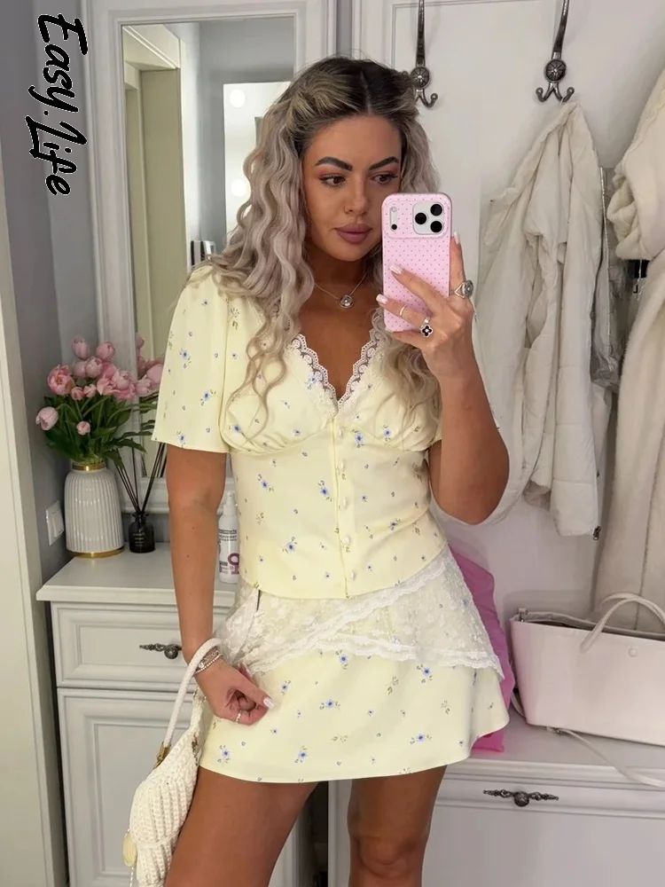 Floral Skirt Set Two Piece Dee - Elastic Lace Trim のレビューと価格