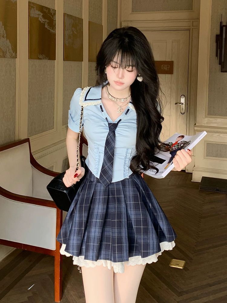 Summer New Preppy Y2K 2 Piece  - Elastic Lace Trim のレビューと価格